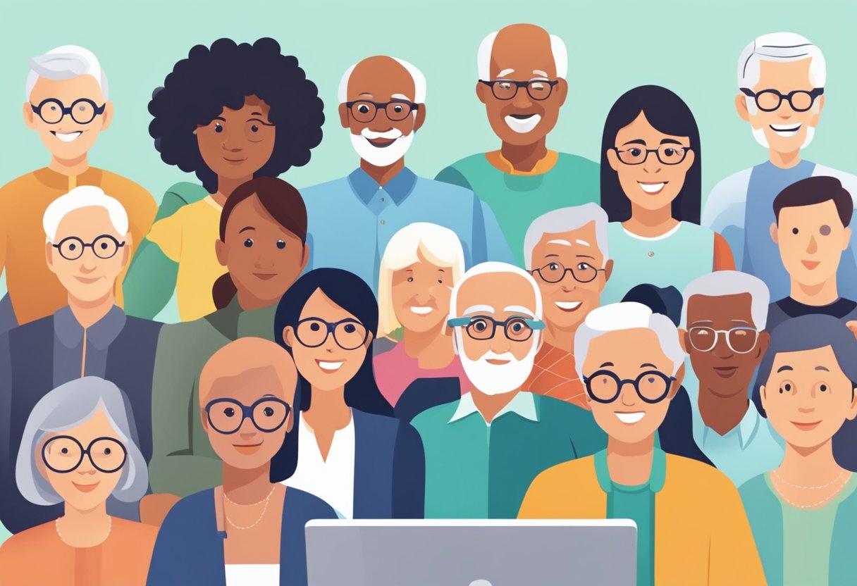 Um grupo diversificado de pessoas de diferentes gerações (X, Y, Z) envolvidas em diversas atividades digitais, representando a interseção entre envelhecimento e tecnologia para um blog sobre cuidados e aprendizagem de idosos
