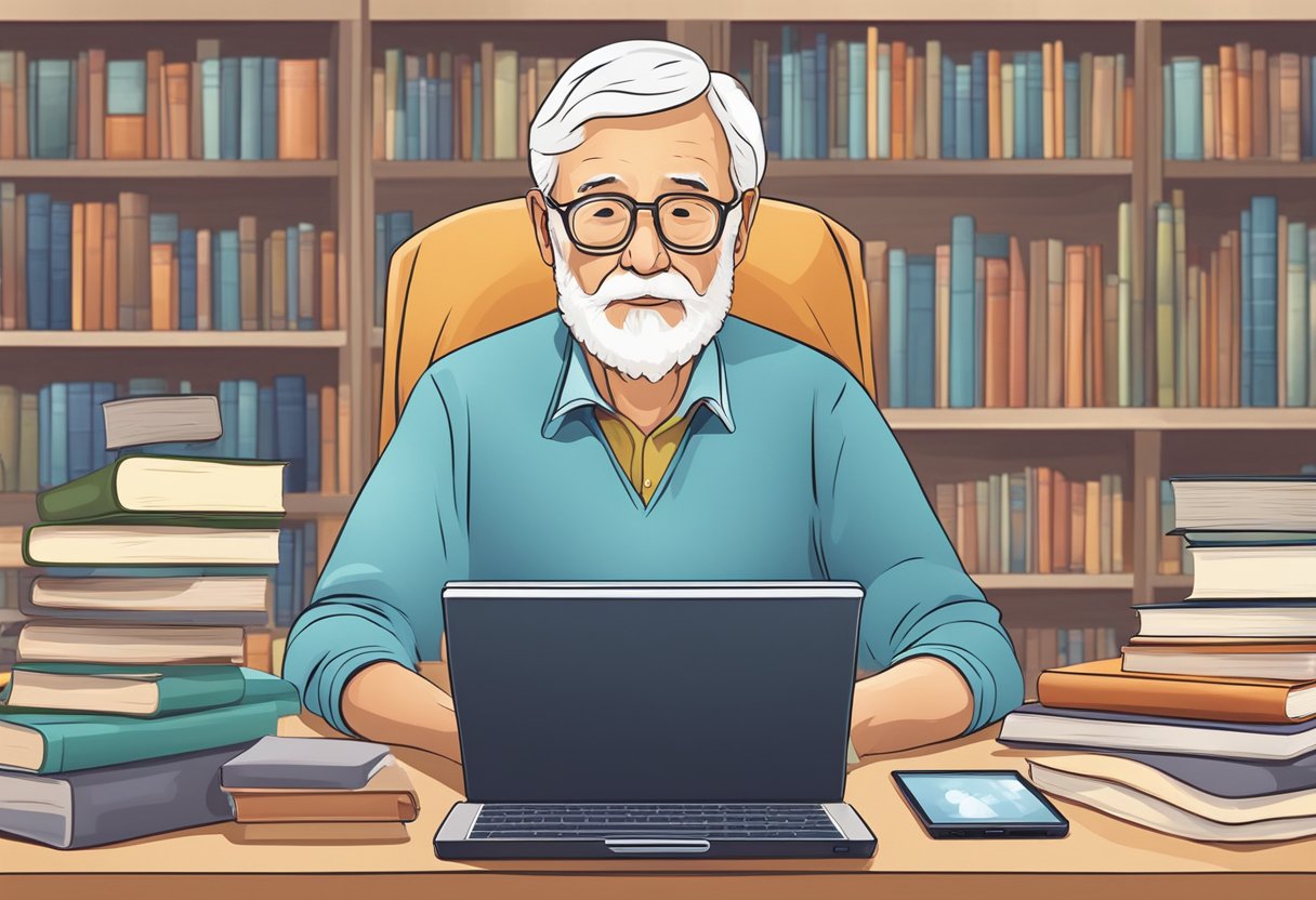 Elderly person using digital device, surrounded by symbols of different generations. Books and technology coexisting in the background