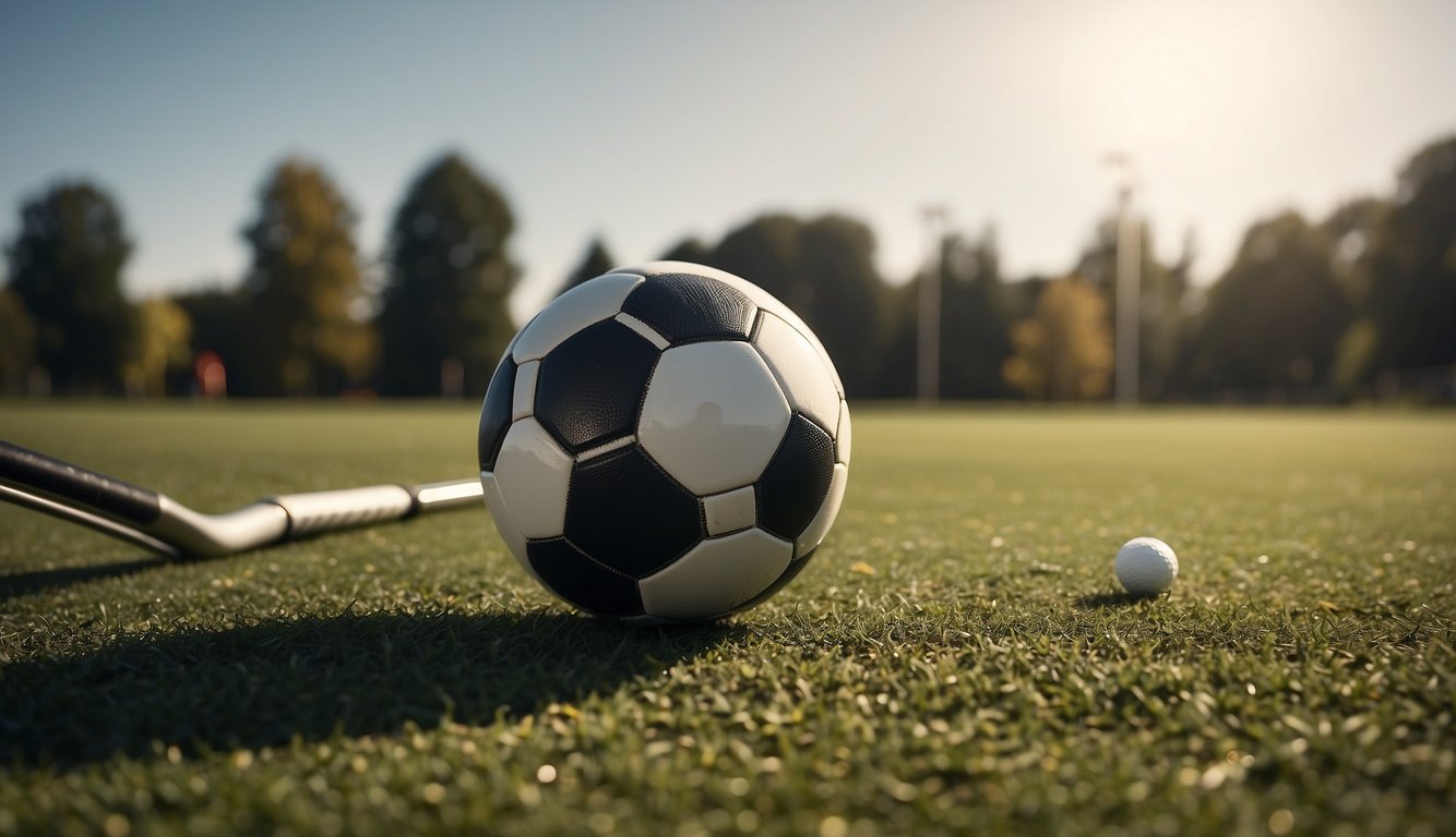 A soccer ball, basketball, tennis racket, and golf club lay on a grass field with a track in the background