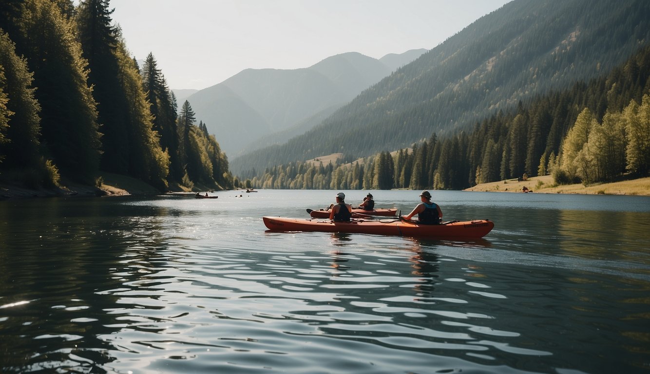 A serene lake with water skiers, kayakers, and swimmers enjoying aquatic sports under the bright sun