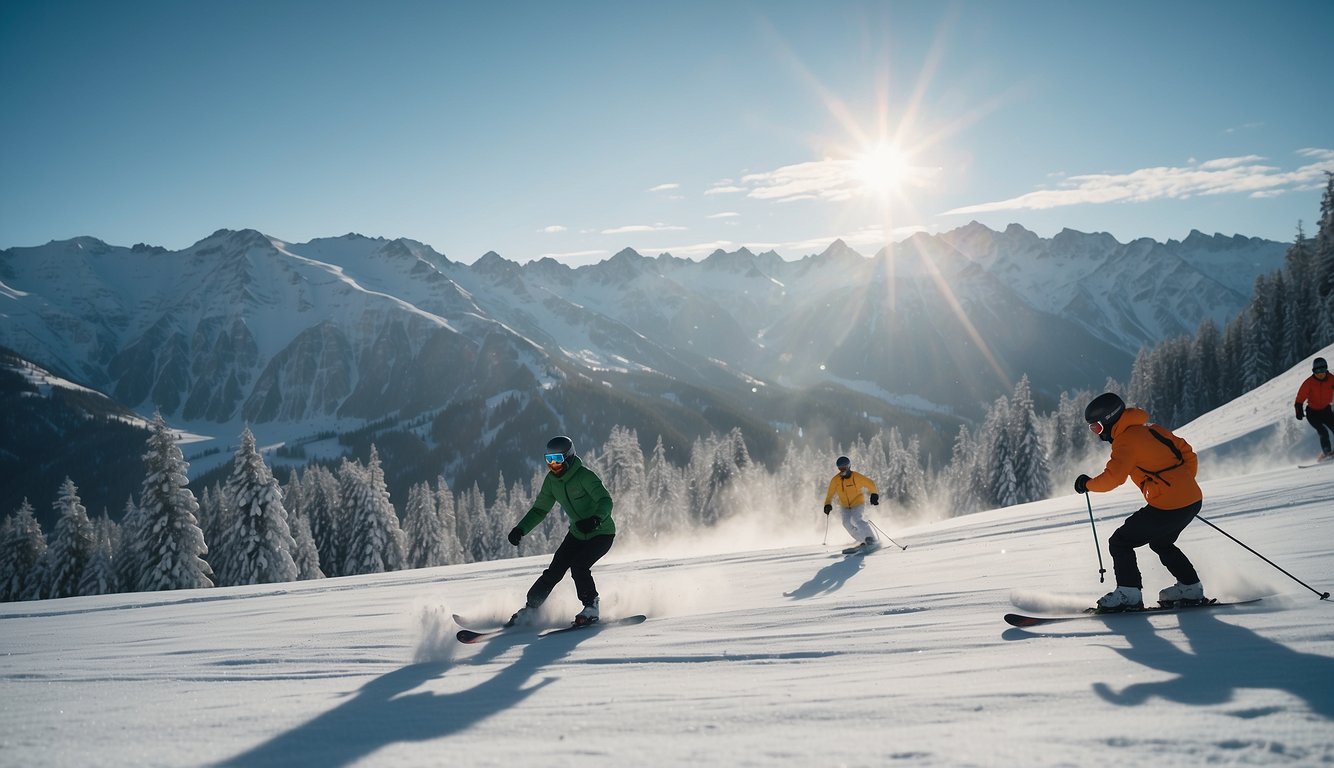 Snow-covered mountains with skiers racing down slopes, snowboarders carving through fresh powder, and ice skaters gliding on a frozen lake