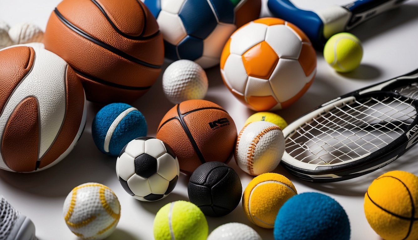 Various sports equipment scattered on a clean, white surface. A basketball, soccer ball, tennis racket, and more