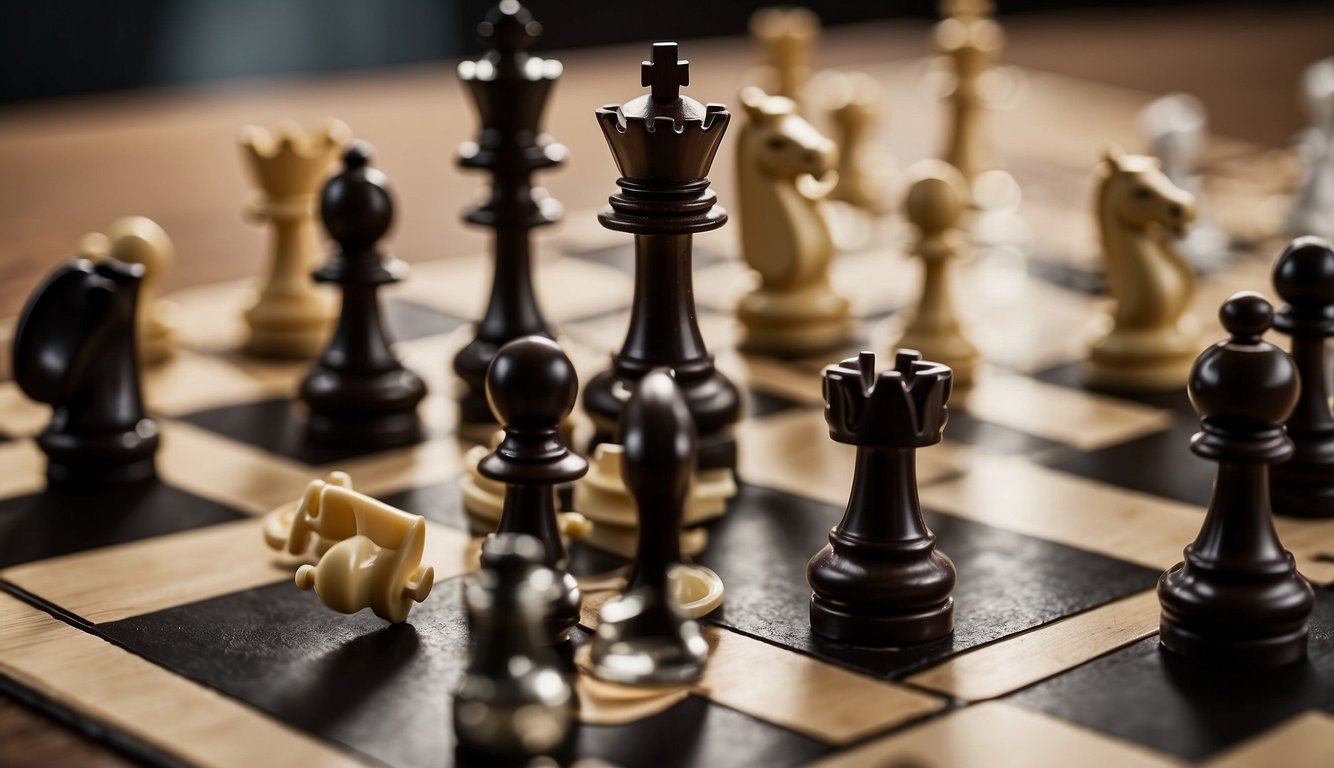 Various sports equipment scattered on a field, representing mind and strategy sports. Chess pieces, cards, and game boards create a dynamic composition