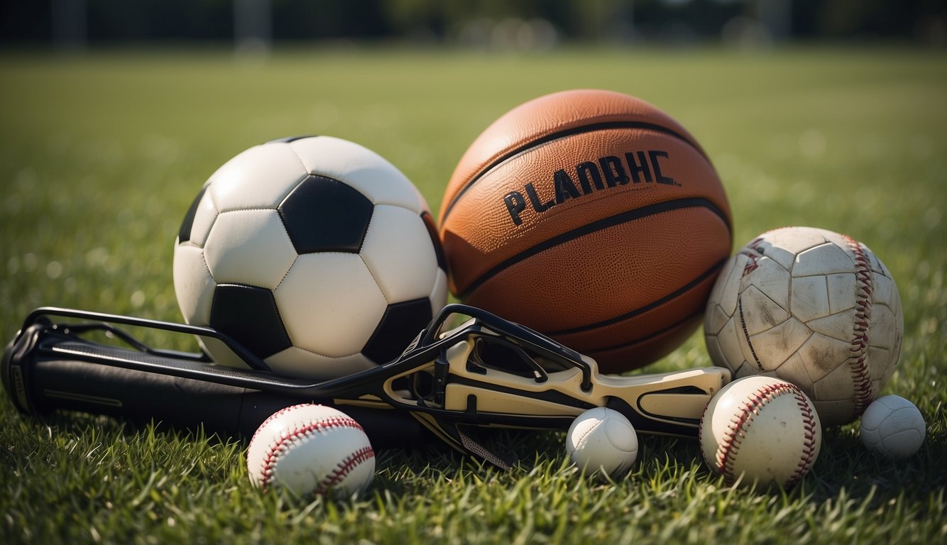 Various sports equipment scattered on a grass field with a soccer ball, basketball, tennis racket, and baseball bat