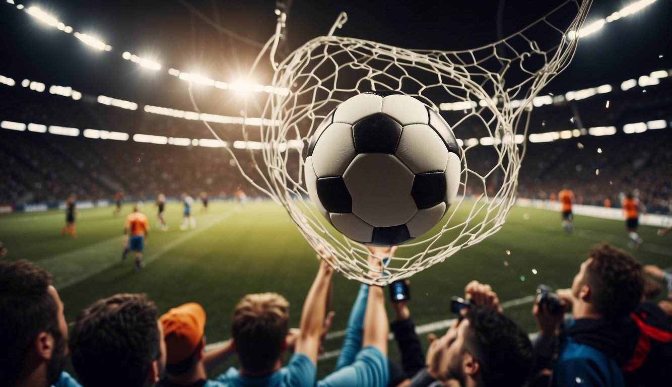 A soccer ball flying into a goal net, surrounded by cheering fans and players celebrating a victorious game