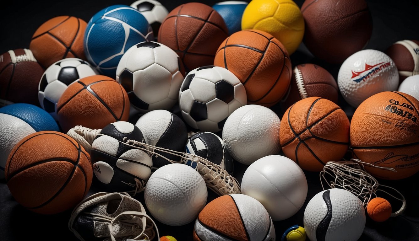 A group of sports equipment arranged in a dynamic and energetic composition, symbolizing the positive impact of sports on health and well-being