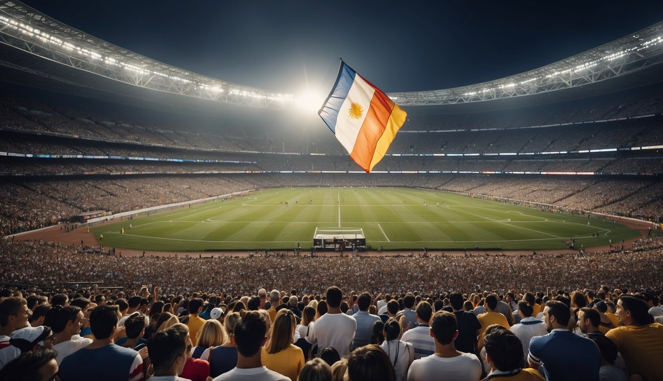 A crowded stadium with diverse fans cheering, flags waving, and athletes competing in various sports, showcasing the cultural and societal influence of sports