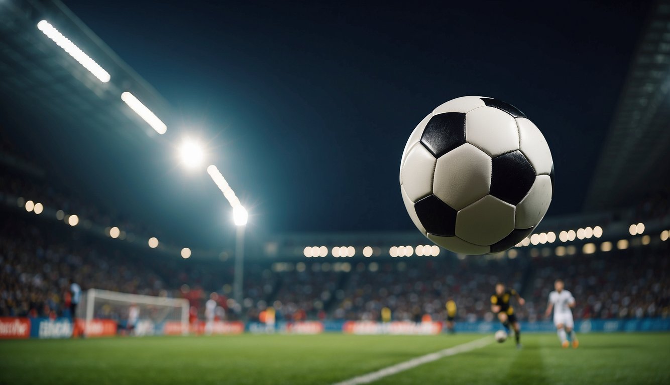 A soccer ball soaring through the air towards a goal, surrounded by cheering fans and illuminated by stadium lights