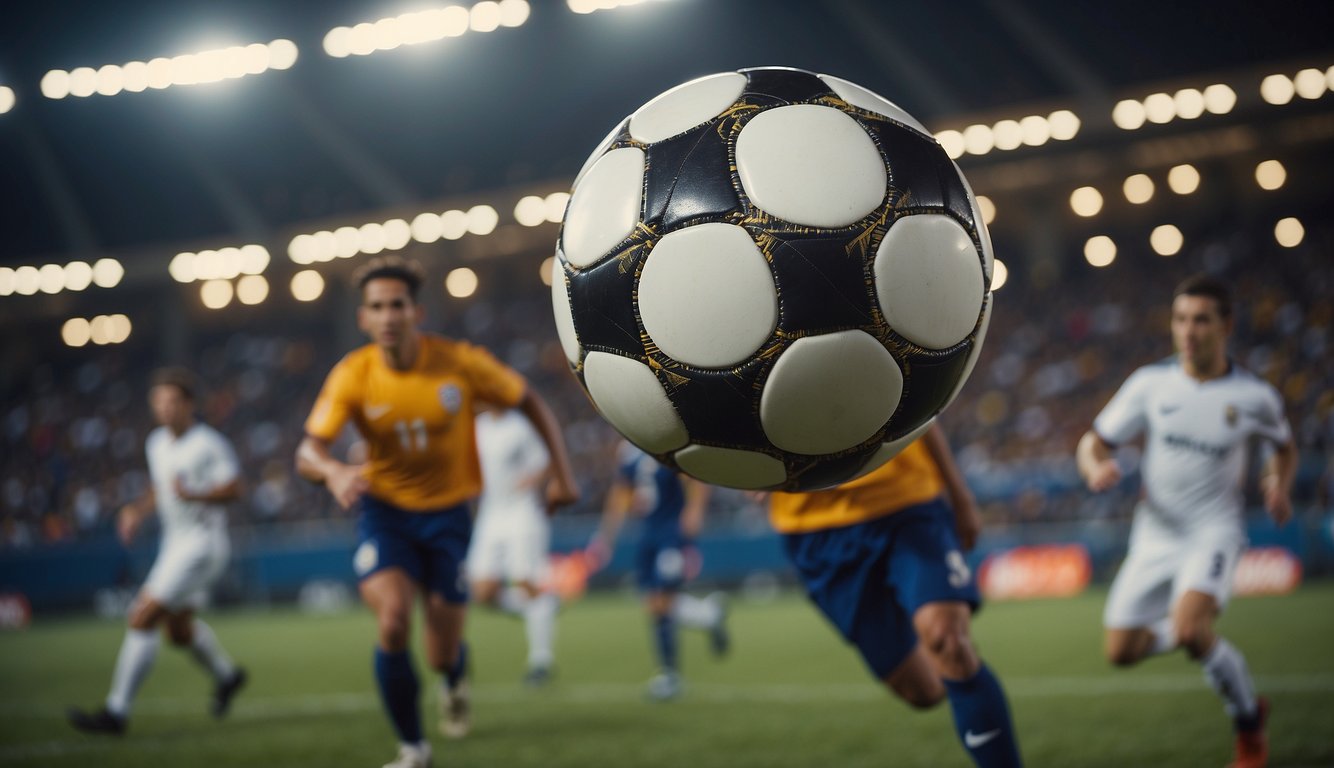 A soccer ball flying through the air, with players from opposing teams racing towards it, representing the challenges and competition in sports