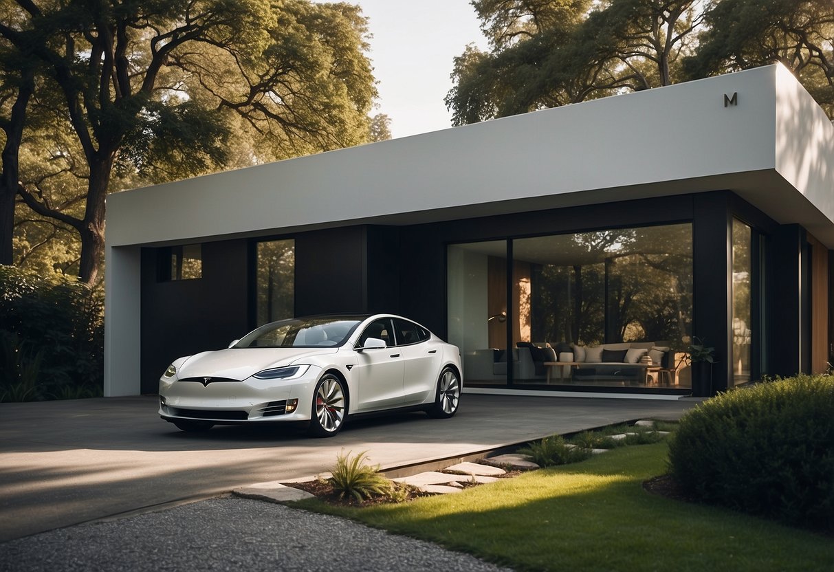 A person standing in front of a small, sleek Tesla-branded house, with clean lines and modern design, surrounded by greenery