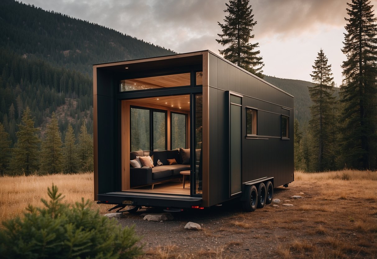 A Tesla Tiny House sits nestled in a scenic, remote location, surrounded by nature and offering a minimalist yet modern design