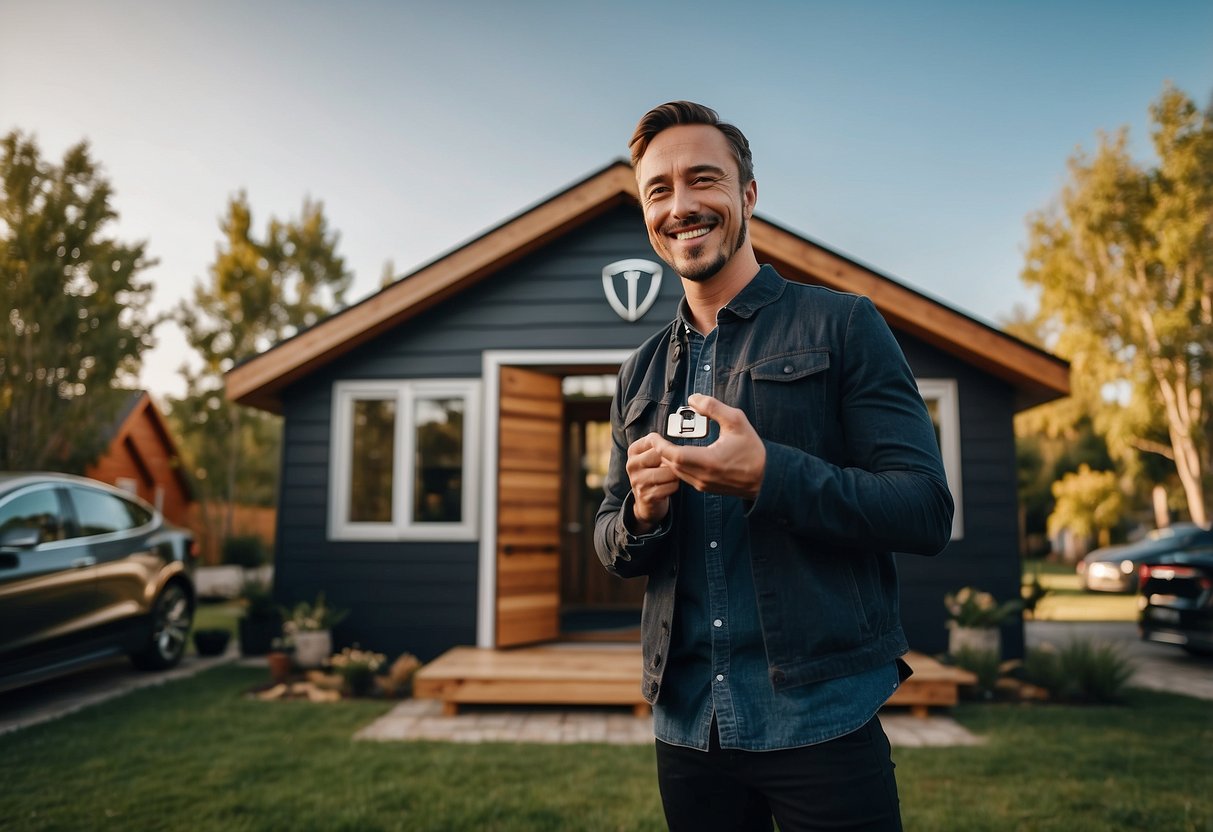 A person standing in front of a sleek, modern tiny house with the Tesla logo on the side, holding a set of keys and smiling with excitement
