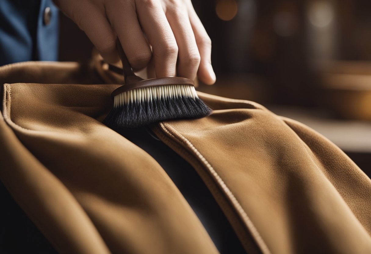 A suede jacket being gently brushed with a soft bristle brush, then treated with a specialized suede cleaner, and finally left to air dry, embracing cleaning a suede jacket from thrift store