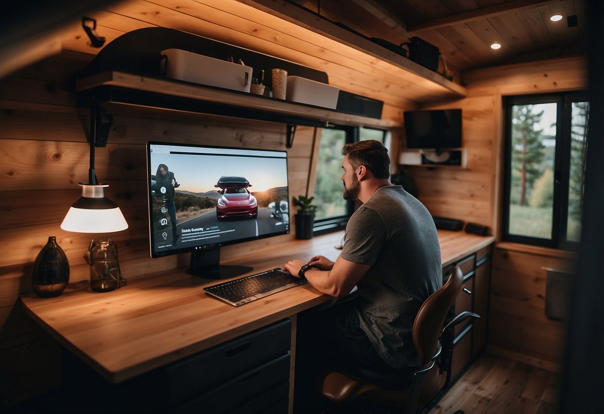 A customer browsing a website, looking at a Tesla tiny house, with a FAQ section visible on the screen