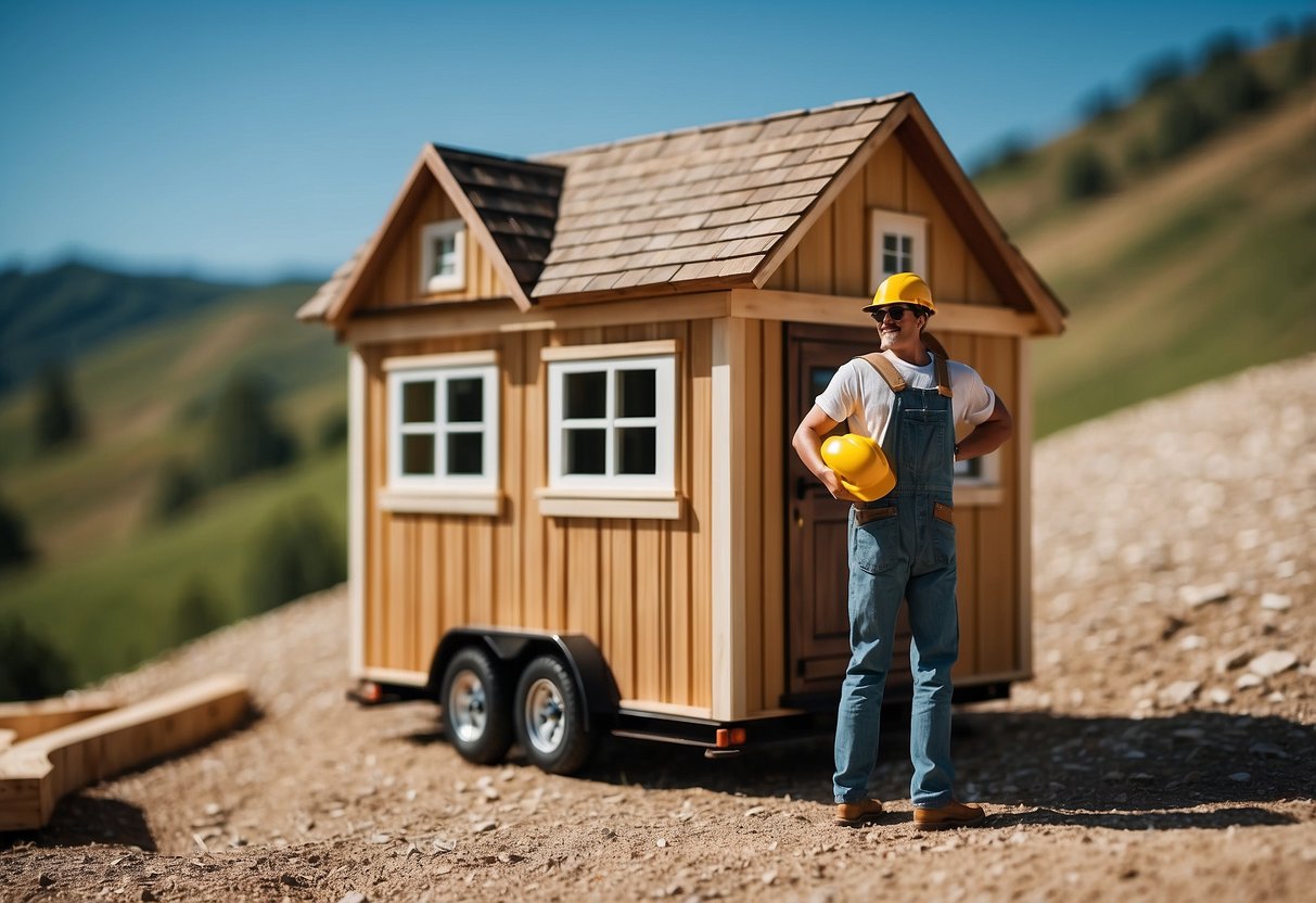 A person purchasing land and constructing a tiny house, surrounded by rolling hills and a clear blue sky