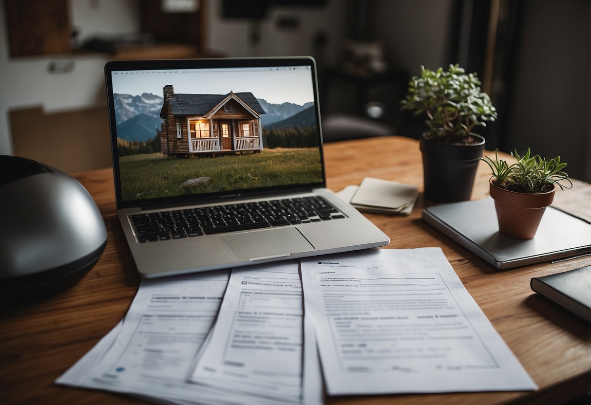A person researching tiny house financing online, surrounded by paperwork and a laptop