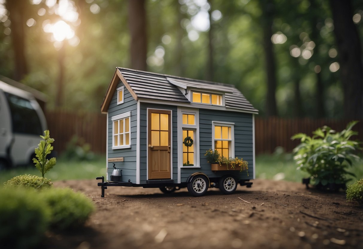 A tiny house sits on wheels, surrounded by trees and a small garden. A sign nearby reads "Tiny House Financing Available."