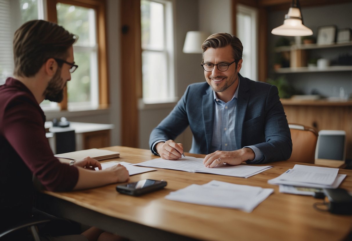 A person sitting at a desk, speaking to a bank representative about a tiny house loan. The banker is reviewing paperwork and discussing options with the individual