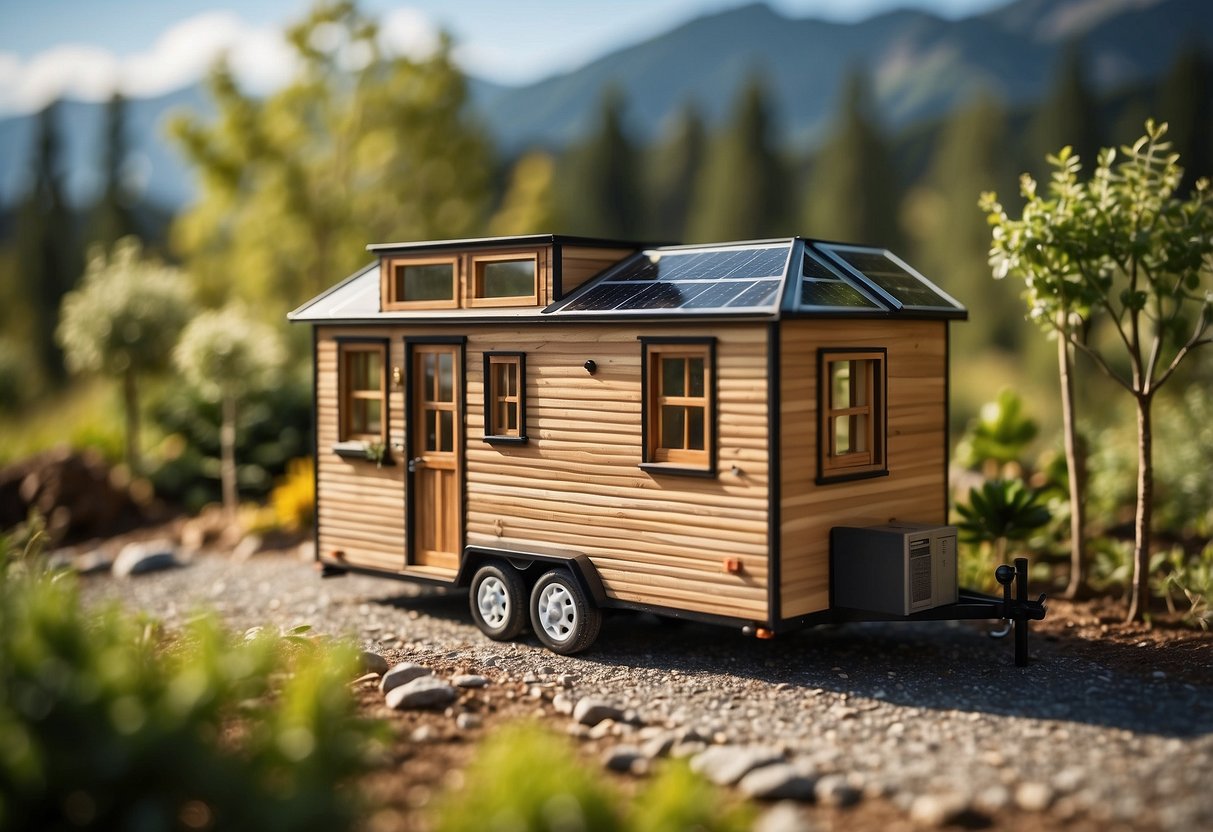 A tiny house on wheels parked in a serene natural setting, with solar panels on the roof and a small garden outside, surrounded by trees and mountains