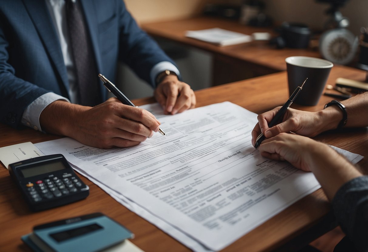 A person fills out a loan application for a tiny house. A real estate agent guides them through the process, while a bank representative reviews their financial documents