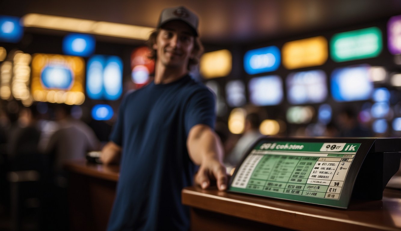 A person holding a betting slip and cash, standing in front of a sportsbook counter with a sign that reads "Must be 18 or older to place bets."