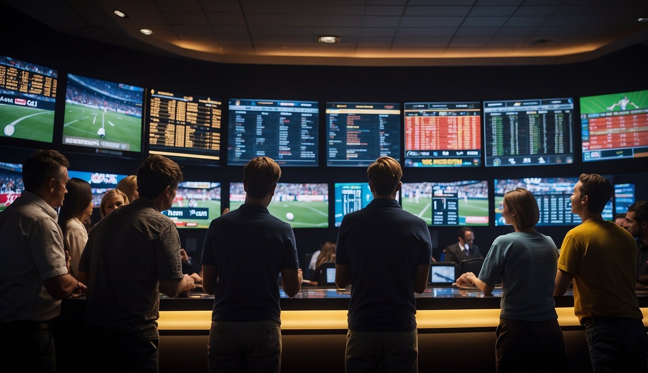 A group of people eagerly watch a large screen displaying sports odds and statistics, while others line up to place their bets at a brightly lit counter