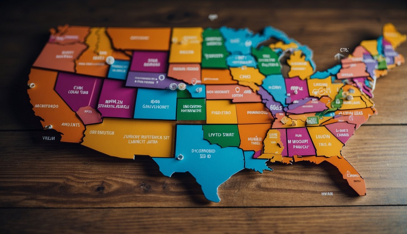 A colorful map of the United States, with each state clearly labeled and color-coded to indicate the legal age for sports betting