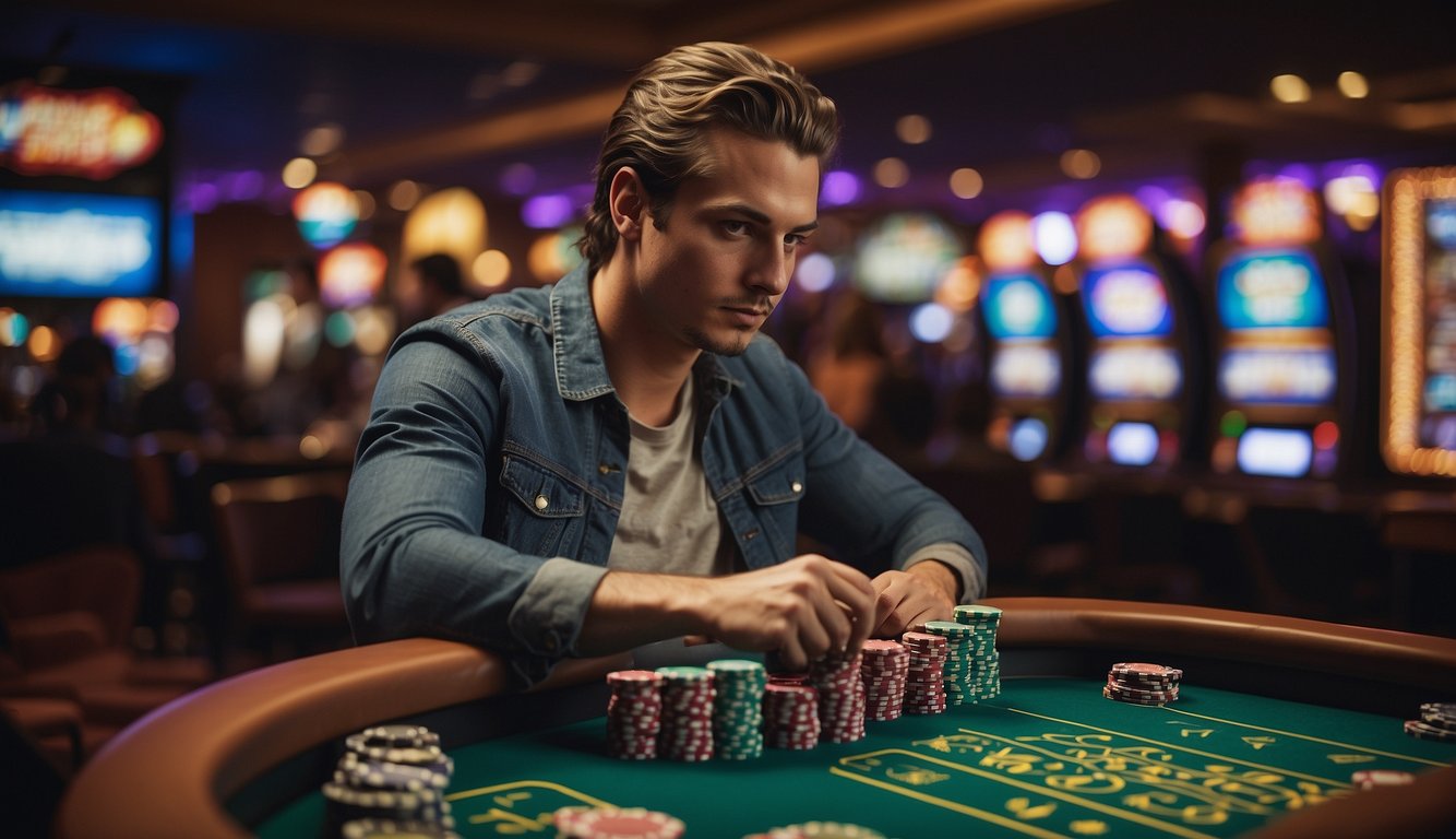 A young adult places a sports bet at a casino counter, surrounded by other legal age activities like drinking and gaming