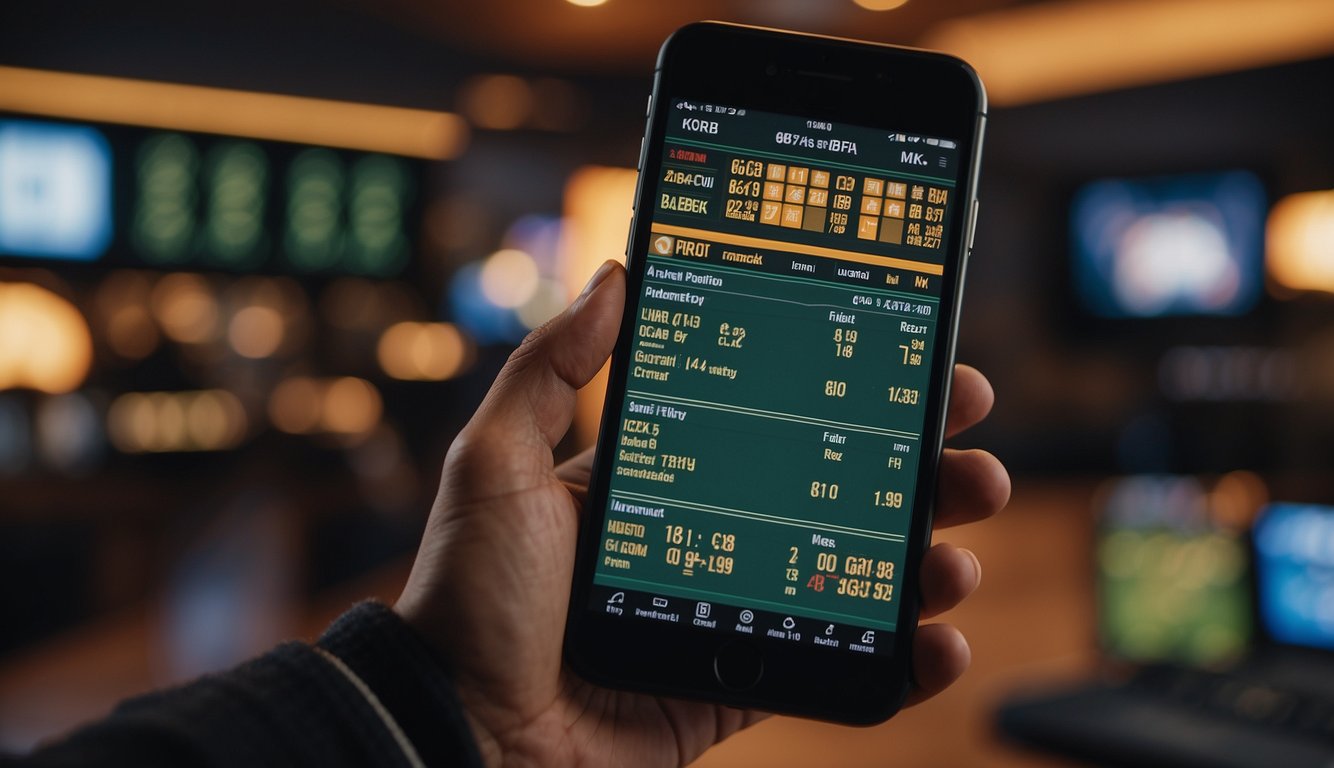 A person using a smartphone to place a sports bet with cryptocurrency, with various sports events and odds displayed on the screen