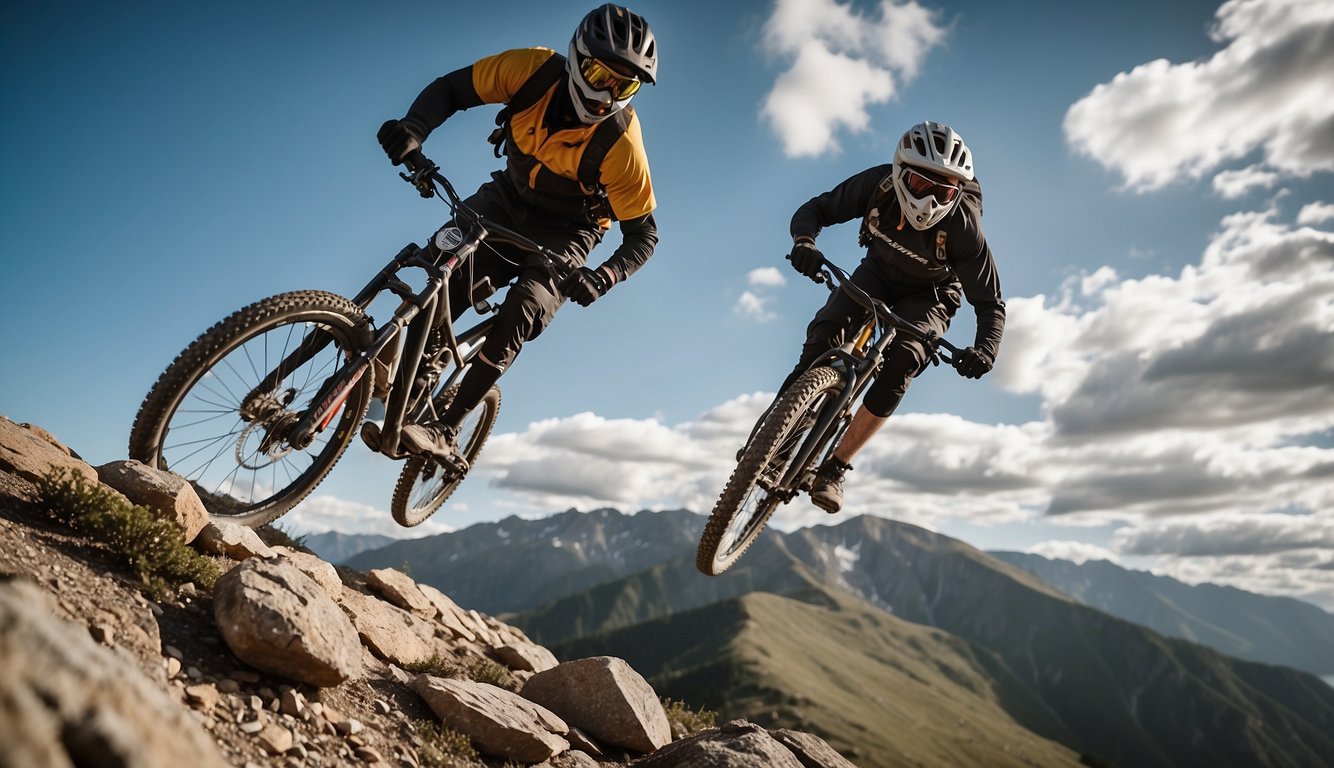 A mountain biker jumps over a rocky trail, showcasing the thrill of extreme sports. On the sidelines, a paramedic stands ready, highlighting the potential dangers