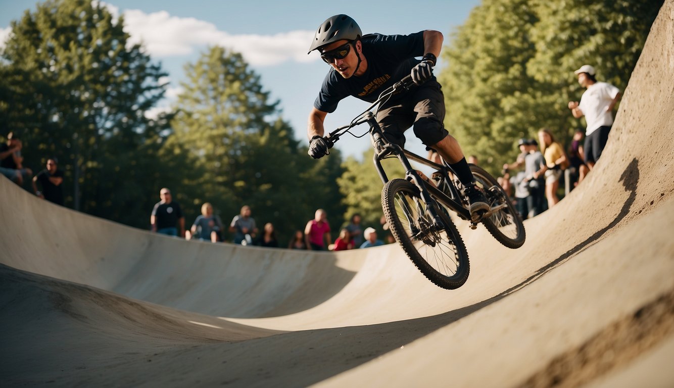 A mountain biker conquers a steep, rocky trail, feeling a rush of adrenaline and a sense of accomplishment. Nearby, a group of friends cheer on a skateboarder attempting a daring trick in a skate park