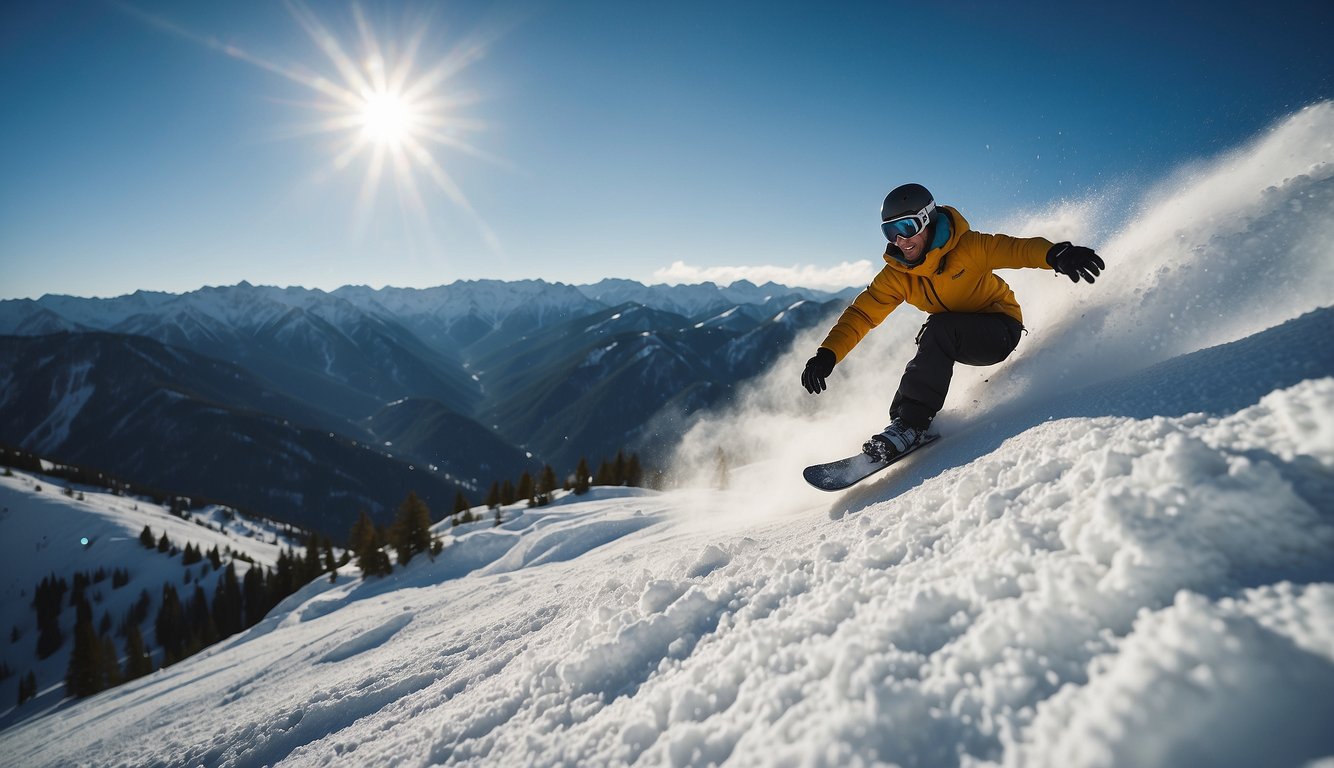 A person snowboarding down a steep, rocky mountain slope, with a clear blue sky and a sense of exhilaration and danger