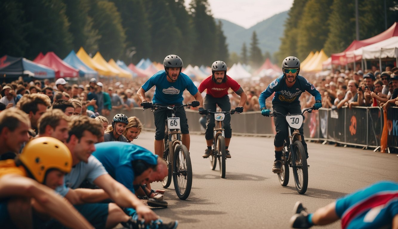 A group of extreme sports enthusiasts gather at a popular outdoor location, surrounded by cheering spectators and vibrant banners. The athletes are performing daring stunts on skateboards, bikes, and snowboards, while adrenaline-pumping music blares in the background