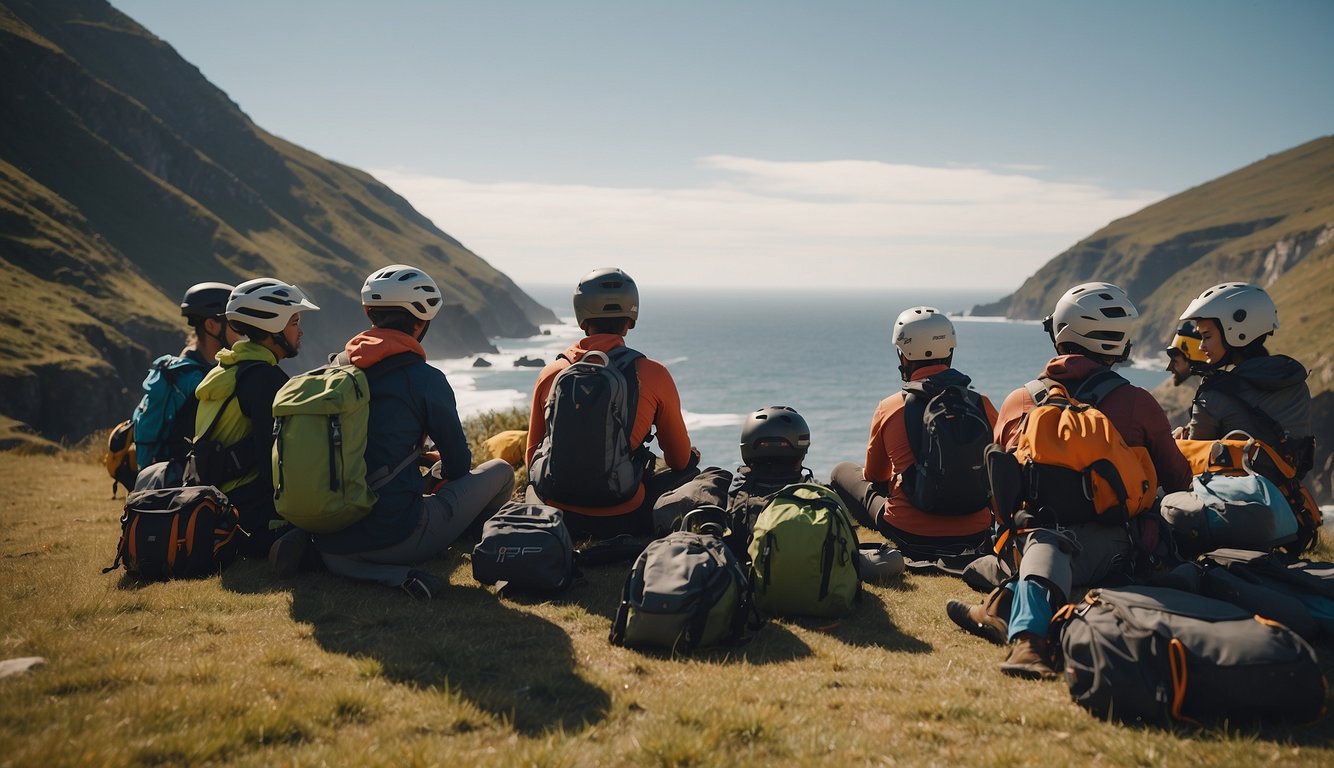 A group of enthusiasts gather at a rugged outdoor location, surrounded by cliffs, waves, and open skies. They are gearing up with helmets, boards, and harnesses, preparing for an adrenaline-fueled adventure