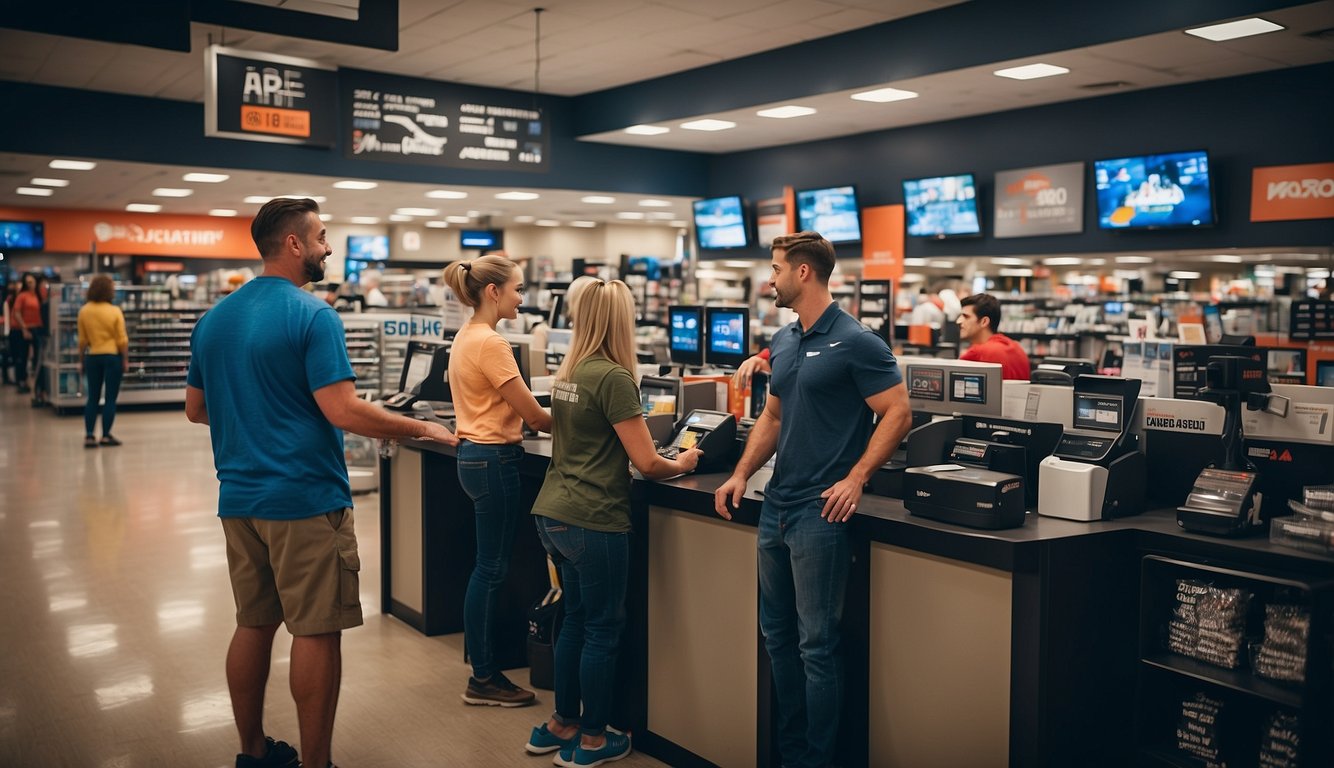 Customers at Academy Sports inquire about military discounts at the checkout counter