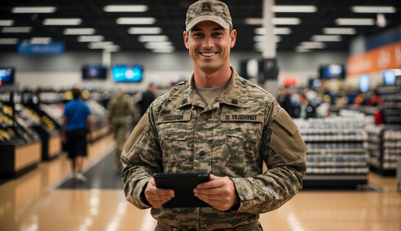 A soldier presents ID at Academy Sports. Staff apply military discount to items in cart