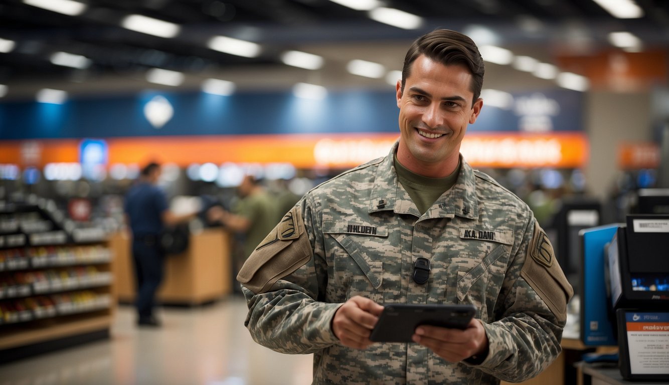 A soldier in uniform presents ID at Academy Sports. A cashier applies a military discount to the purchase