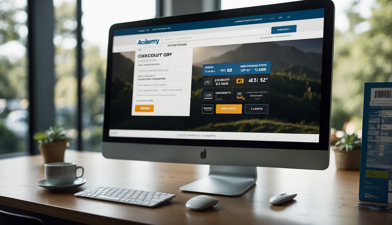 A computer screen showing a checkout page with a promo code box and a military discount offer at Academy Sports website