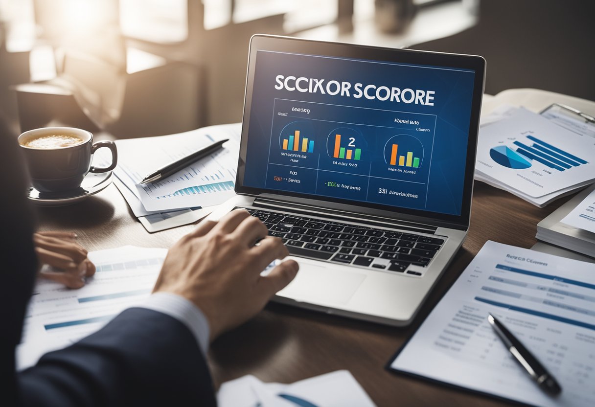 A person studying credit score tips, surrounded by financial documents and charts