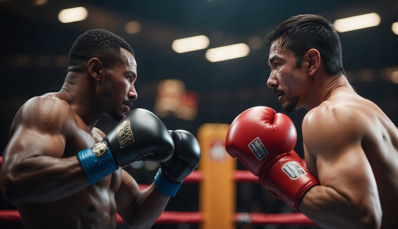 Two opponents face off in a ring, one representing combat sports with gloves and the other representing martial arts in traditional attire