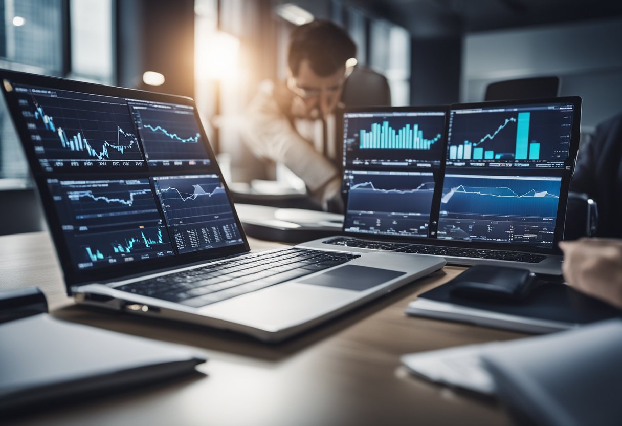 A portfolio manager uses derivatives to hedge risks, surrounded by financial charts and data, making strategic decisions