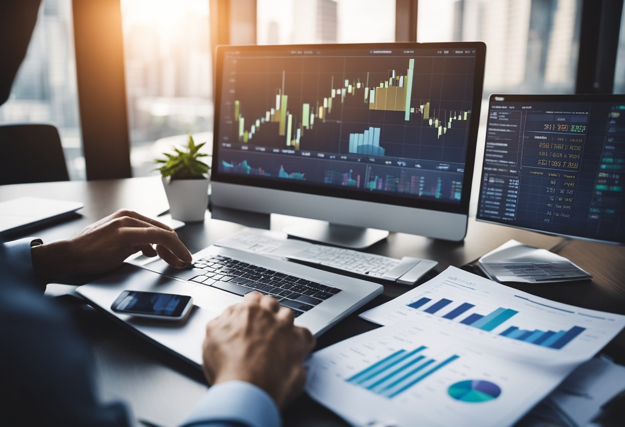 A person using derivatives to manage portfolio risks, surrounded by financial charts and graphs