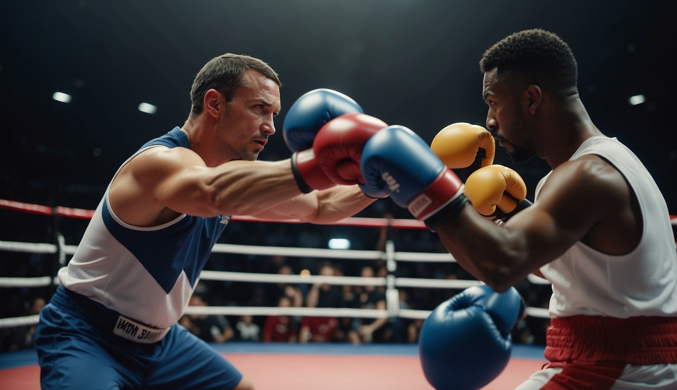 Two athletes spar in a ring, one using combat sports techniques while the other employs martial arts moves. Their intense training is evident in their focused expressions and precise movements