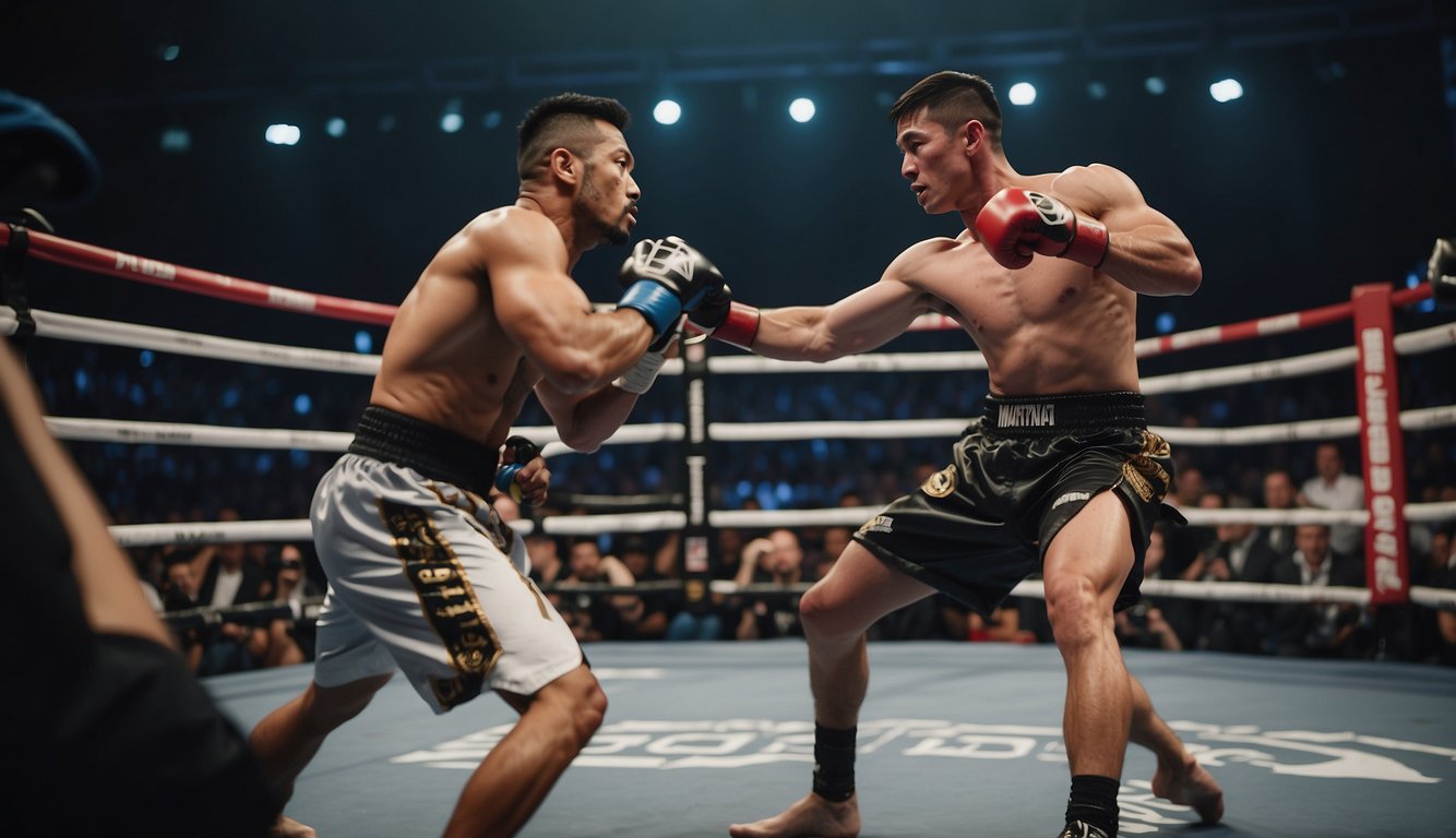 Two opponents face off in a ring, one representing combat sports and the other martial arts. The crowd eagerly watches as the tension builds