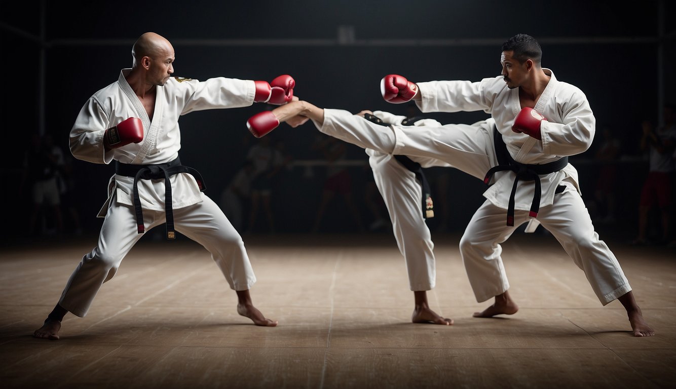 Two figures engage in dynamic combat, displaying power and agility. The scene depicts the physical and mental benefits of combat sports and martial arts