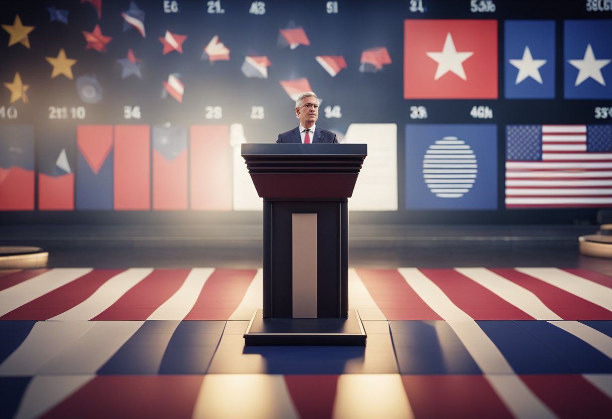 A podium with a political symbol stands in front of a fluctuating stock market graph, symbolizing the influence of political elections on the financial market