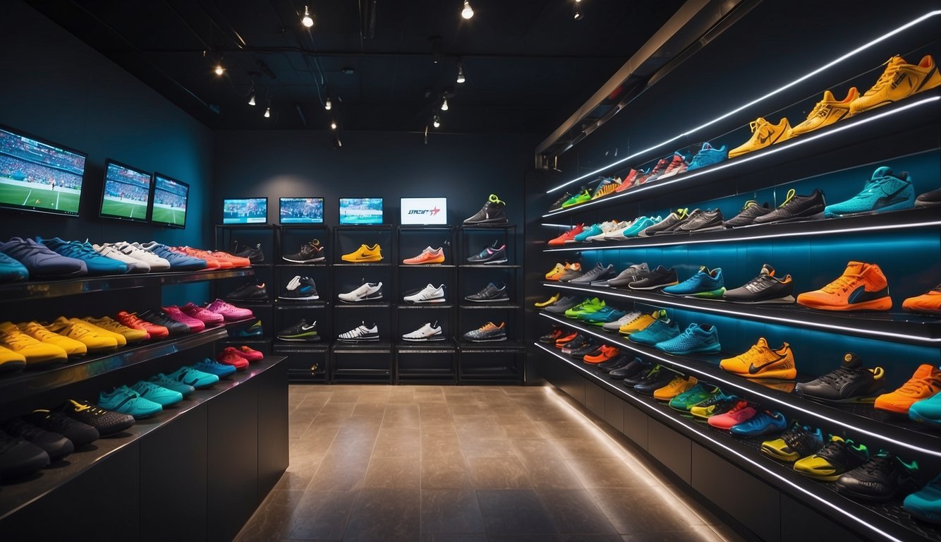 A vibrant online store with a wide range of sports equipment and apparel displayed on shelves and racks, with a digital screen showing the latest deals and promotions