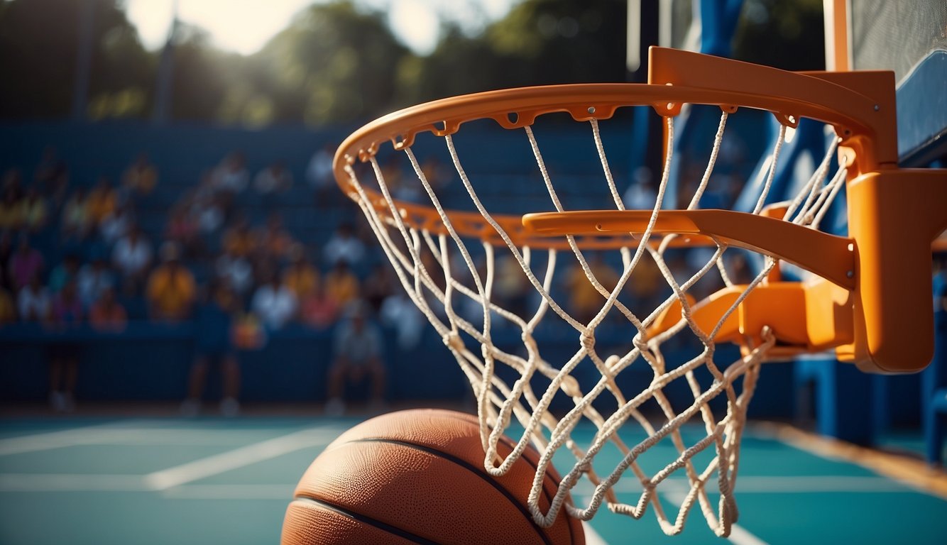 A basketball hoop stands tall in a vibrant court, surrounded by players with dribbling balls and wearing colorful jerseys. Tennis rackets and balls lay on the sidelines, while soccer goals and balls fill the field