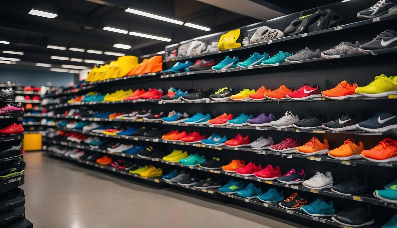 Athletic gear displayed on shelves, vibrant colors and sleek designs, emphasizing performance and comfort