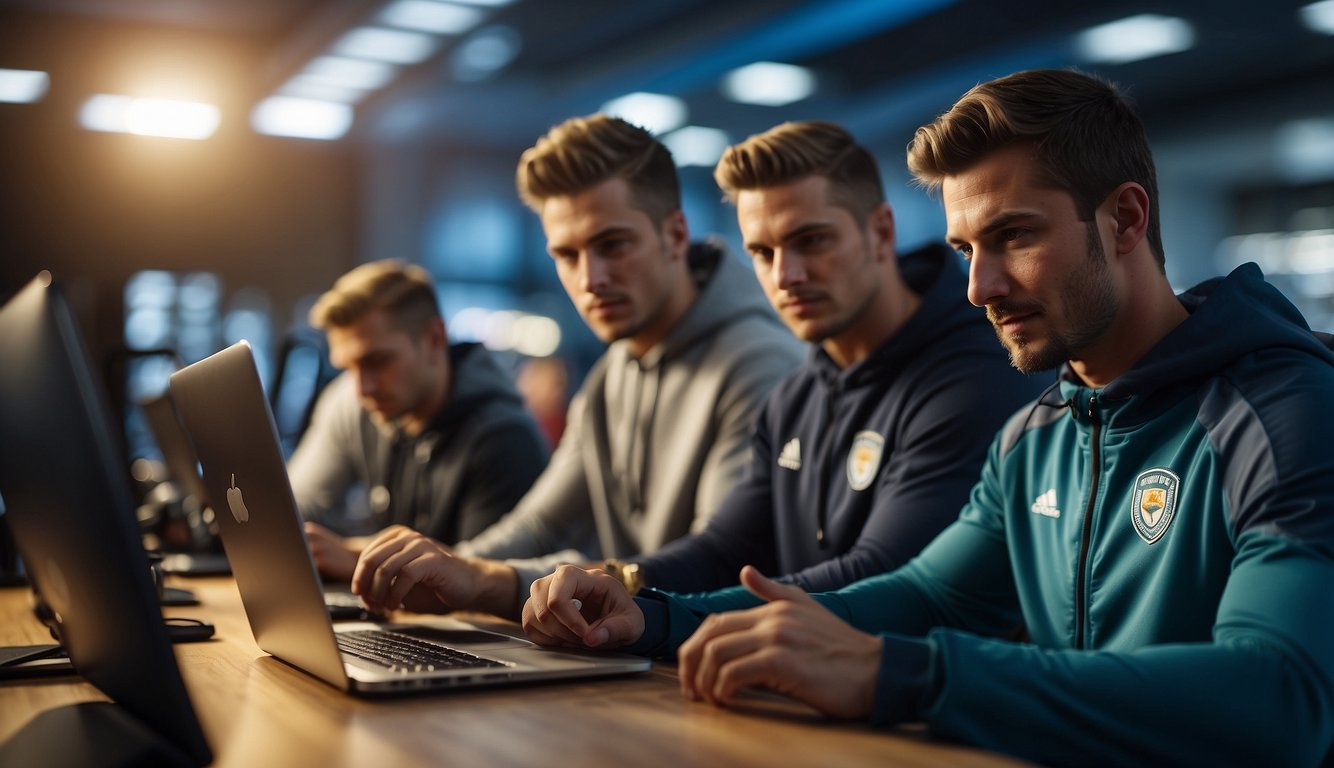 Athletes browsing sports gear online, seeking assistance from customer service